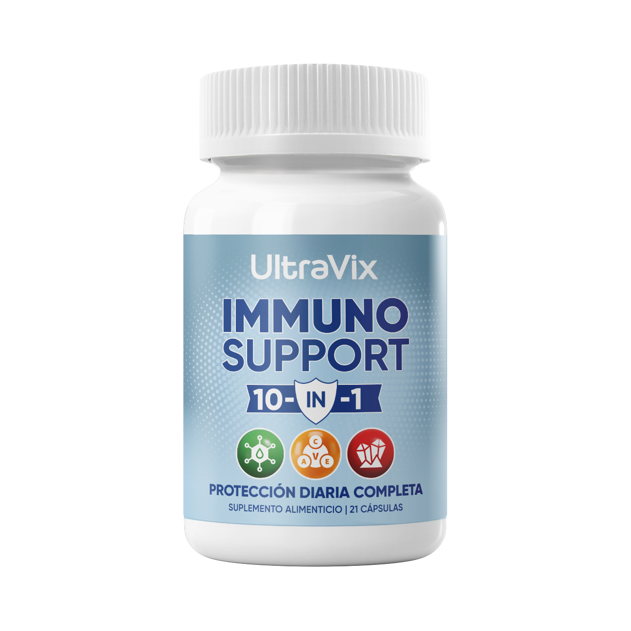 Frasco blanco con etiqueta azul UltraVix Immuno Support 10-in-1, 21 cápsulas